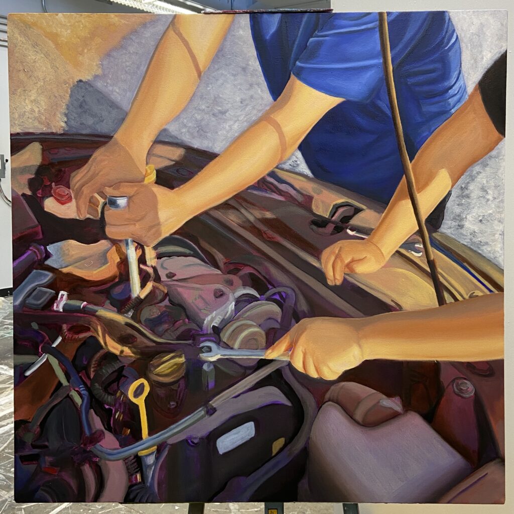 "Legacy I" - Oil on Canvas, Working men, mechanic art, intimacy art